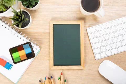 Back to school concept with copy space for flat text, top view, chalkboard .. Stock Photos