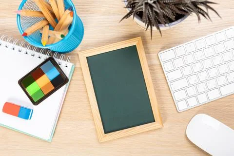 Back to school concept with copy space for flat text, top view, chalkboard .. Stock Photos