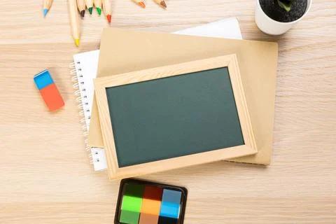 Back to school concept with copy space for flat text, top view, chalkboard .. Stock Photos