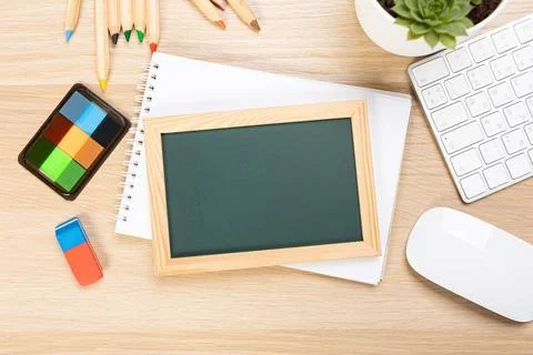 Back to school concept with copy space for flat text, top view, chalkboard .. Stock Photos