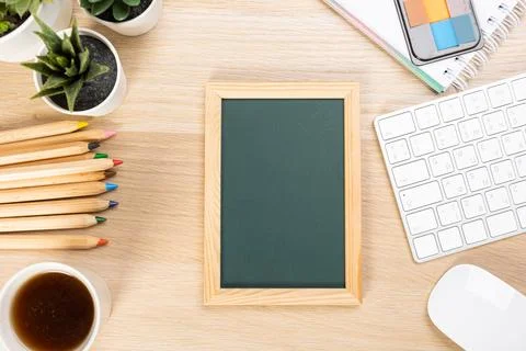 Back to school concept with copy space for flat text, top view, chalkboard .. Stock Photos