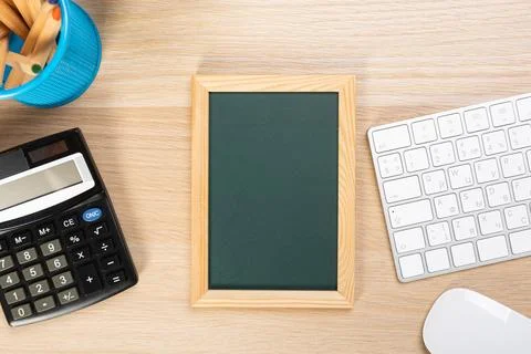 Back to school concept with copy space for flat text, top view, chalkboard .. Stock Photos