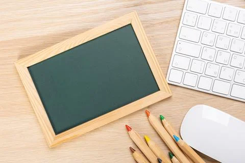 Back to school concept with copy space for flat text, top view, chalkboard .. Stock Photos