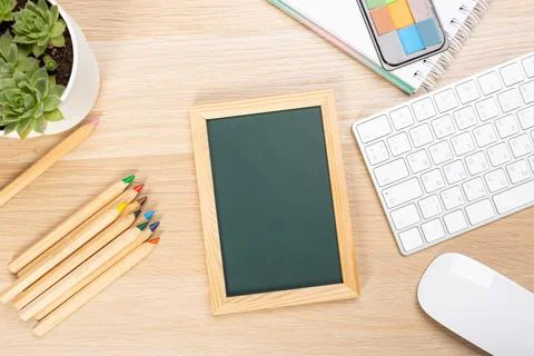 Back to school concept with copy space for flat text, top view, chalkboard .. Stock Photos