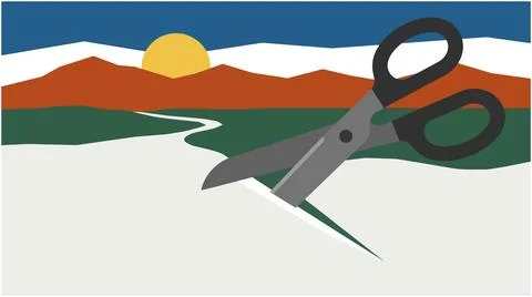 Back to School Concept of cutting landscape using scissors with scissors la.. Stock Illustration