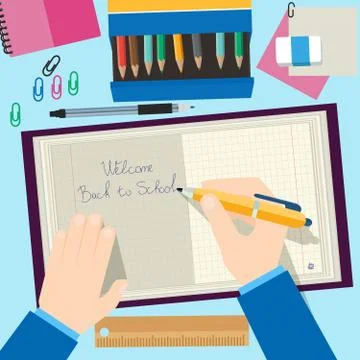 Back to school concept design. Background with pencils, book and other items Illustrazione stock
