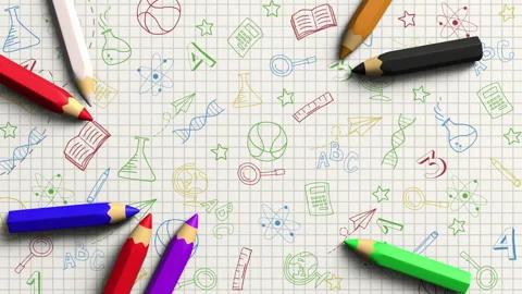 Back to school concept doodles. Sheet of checkered paper with 3D pencils Stock Footage 314816950