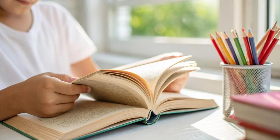 Back to school concept for Educational learning with a child reading a book Stock Photos
