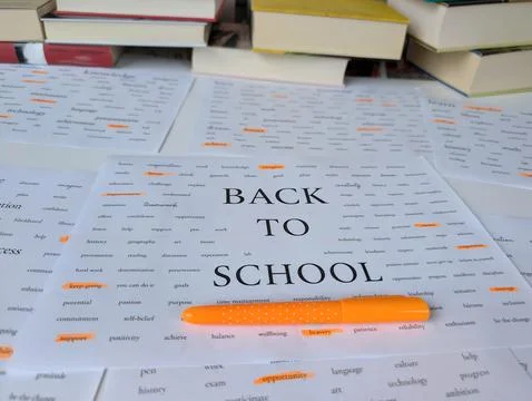Back to school concept featuring a custom word art design printed on multiple 스톡 사진