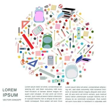 Back to school concept, flat design. Pastel colors backpack, paints, crayons, Stock Illustration