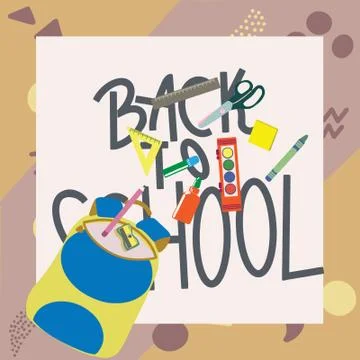 Back to school concept, flat design. Education supplies with backpack backgro Stock Illustration