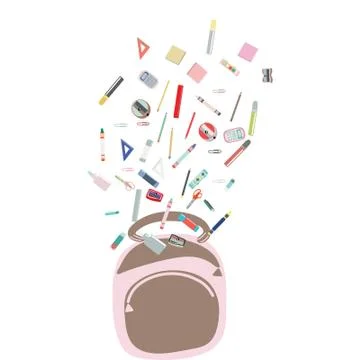 Back to school concept, flat design. School supplies with backpack isolated o Illustrazione stock