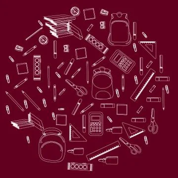 Back to school concept, flat design. Stationery in white outlines style borde Illustrazione stock