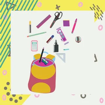 Back to school concept, flat design. School supplies with backpack background Stock Illustration