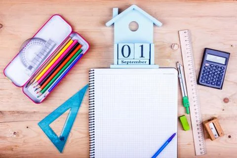 Back to school concept. Flat lay of stationery for the student - scissors, sh Stock Photos