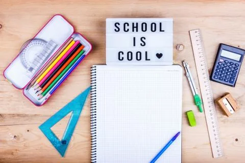 Back to school concept. Flat lay of stationery for the student - scissors, sh 스톡 사진