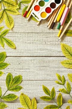 Back to school concept. Flatlay background. Table with autumn leaves. Stock Photos
