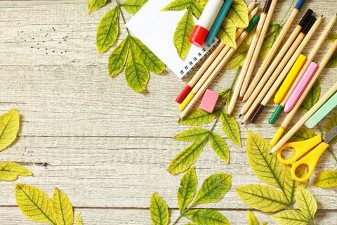 Back to school concept. Flatlay background. Table with autumn leaves. Stock Photos