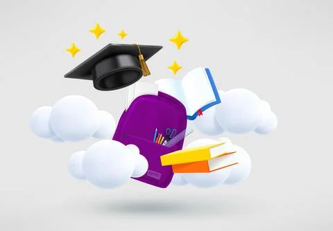 Back to school concept. Graduation cap, school bag, stationery and books. 3.. Stockillustratie