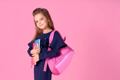 Back to school concept Half turned photo portrait of lovely confident beautiful Foto stock