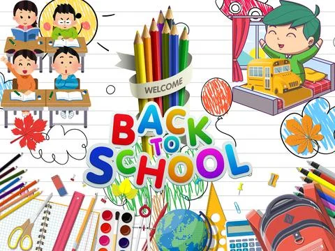 Back to school concept with happy children waving and colorful school supplies Stock Illustration