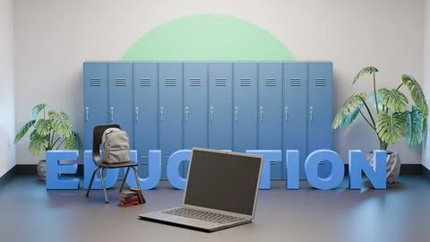 Back to school concept with laptop, backpack, lockers and modern design Stock Illustration