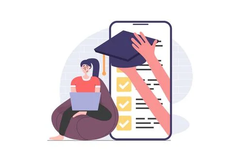 Back to school concept in modern flat design for web. Student learning onli.. Stock Illustration