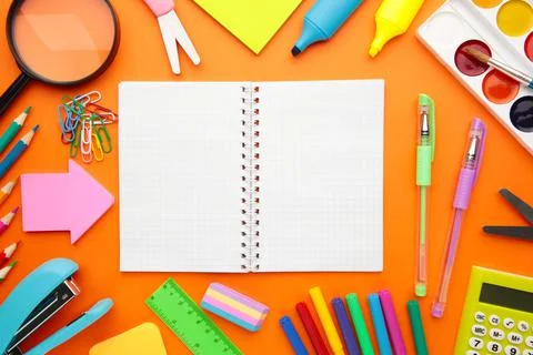 Back to school concept on orange background. Top view Stock Photos