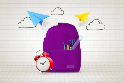 Back to school concept with paper planes, school bag and doodle elements. 3.. Stock Illustration