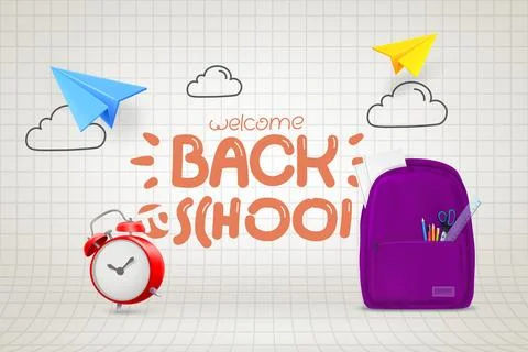 Back to school concept with paper planes, school bag and doodle elements. 3.. Stock Illustration