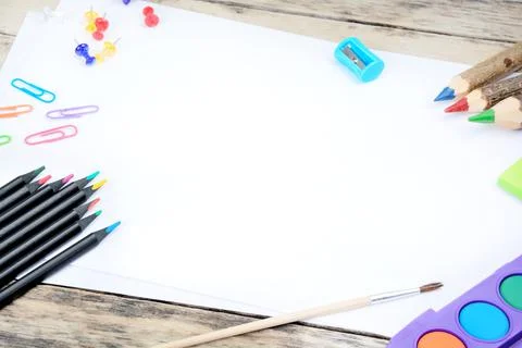 Back to school concept. Pencil case with school stationery on a desk Stock Photos