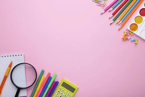Back to school concept on pink background with copy space Stock Photos