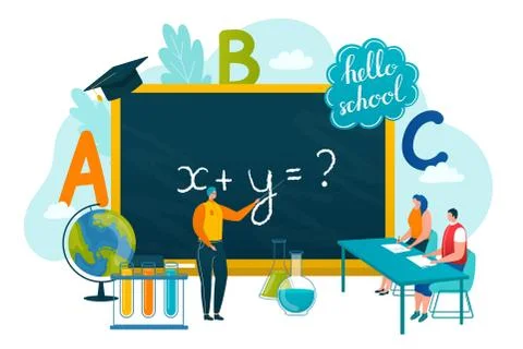 Back to school concept, pupil writes with chalk in blackboard in school class Stock Illustration