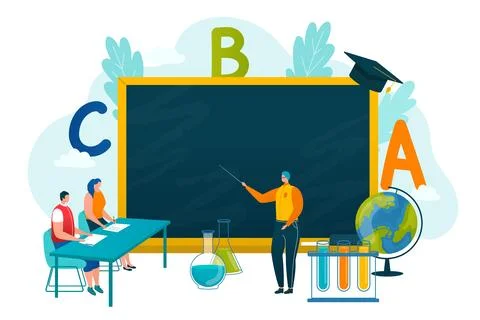 Back to school concept, pupil writes with chalk in blackboard in school class イラスト素材