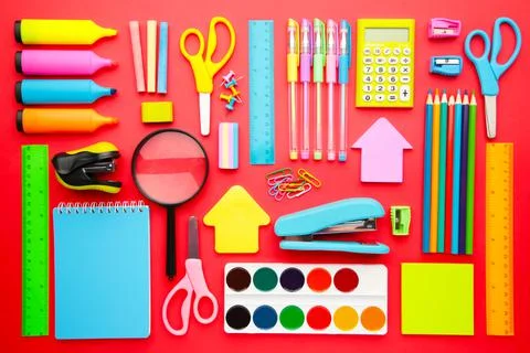 Back to school concept on red background. Top view Stock Photos
