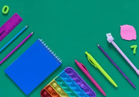 Back to school concept. School and office supplies on the office table Stock Photos