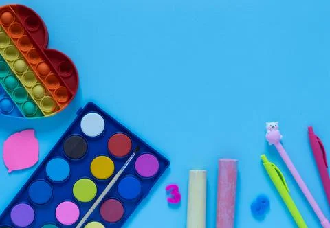 Back to school concept. School and office supplies on the office table Stock Photos