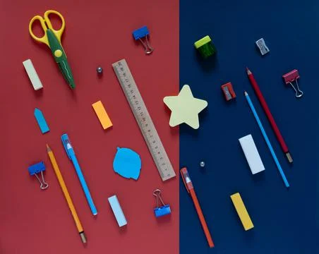 Back to school concept. School and office supplies on the office table. Stock Photos