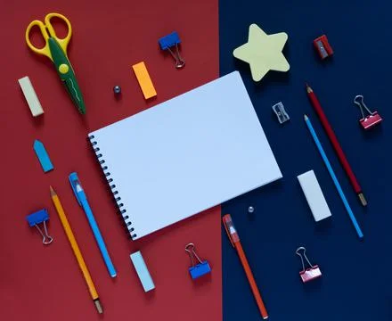 Back to school concept. School and office supplies on the office table. Stock Photos
