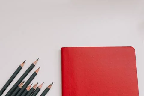 Back to school concept, school and office supplies, top view of notebook and Foto stock