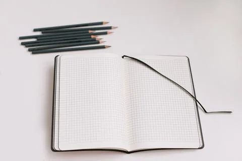 Back to school concept, school and office supplies, top view of notebook and Stock Photos