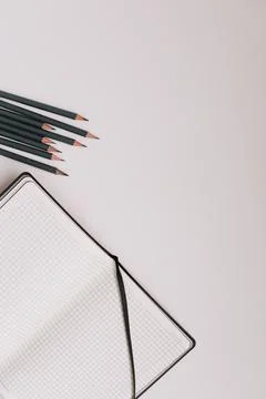 Back to school concept, school and office supplies, top view of notebook and Stock Photos