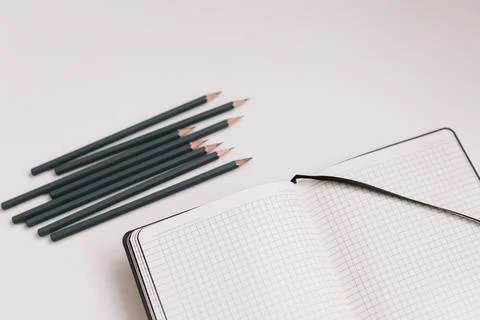 Back to school concept, school and office supplies, top view of notebook and Stock Photos
