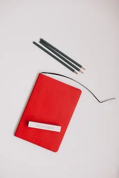 Back to school concept, school and office supplies, top view of notebook and Stock Photos