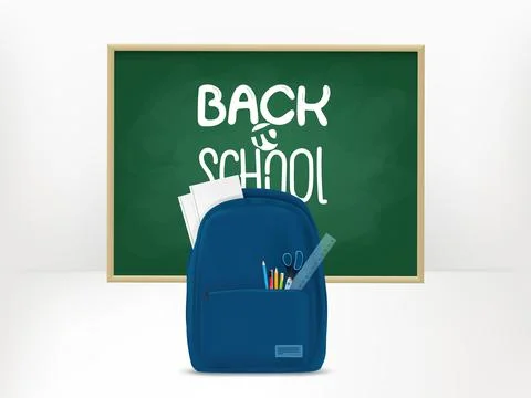 Back to school concept with school backpack and chalkboard Illustrazione stock