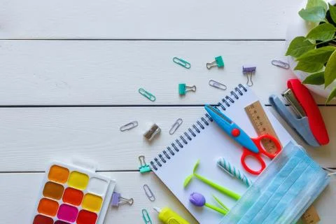 Back to school concept school office supplies on a white background copy space. Foto stock