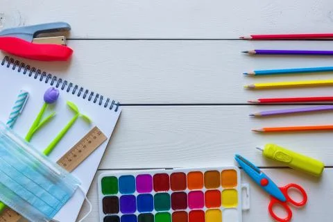 Back to school concept school office supplies on a white background copy space. Foto stock