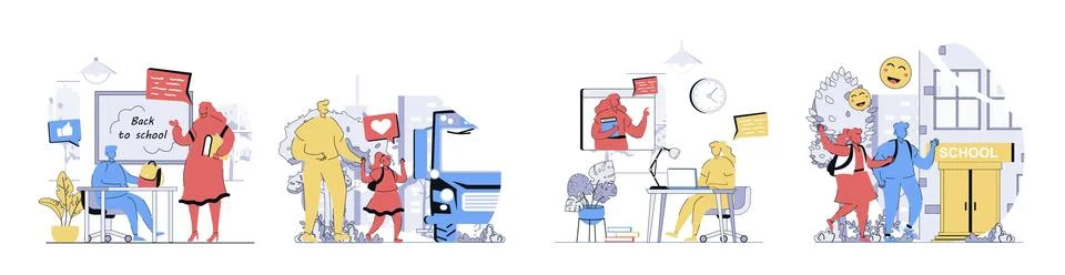 Back to school concept set in flat design for web. Collection with people stu Stock Illustration