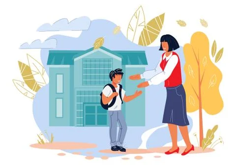 Back To School concept with teacher character welcoming and inviting schoolbo Stock Illustration