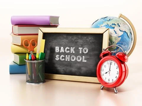 Back to school concept with text on the black board. 3D illustration 스톡 일러스트